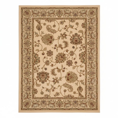 Soft polypropylene rug with neutral tones and refined finish.