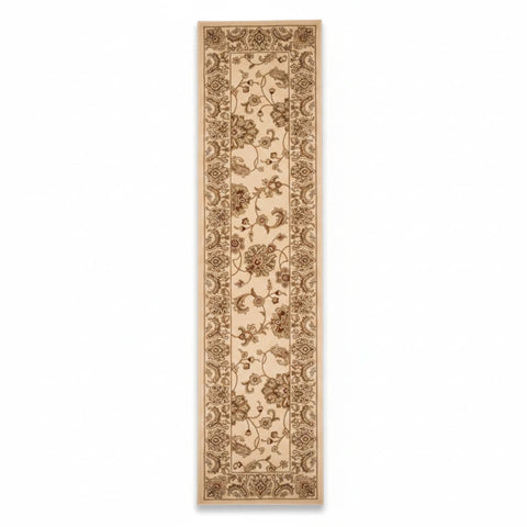 Long cream hallway runner with intricate design.