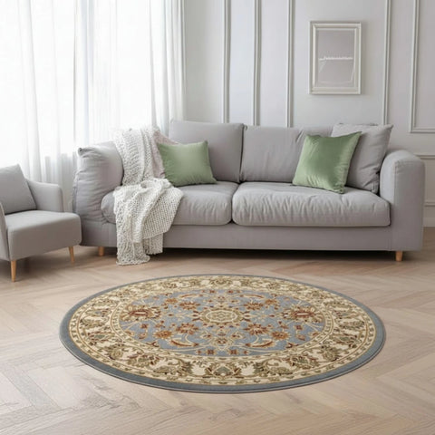 Traditional patterned round rug with soft polypropylene fabric.