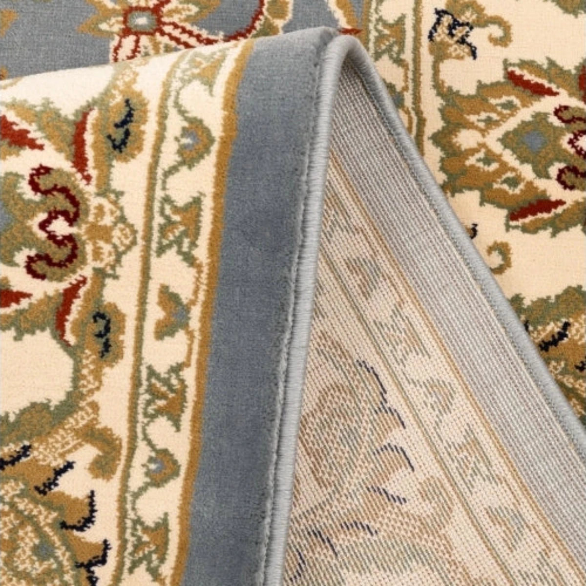 Traditional patterned round rug with soft polypropylene fabric.
