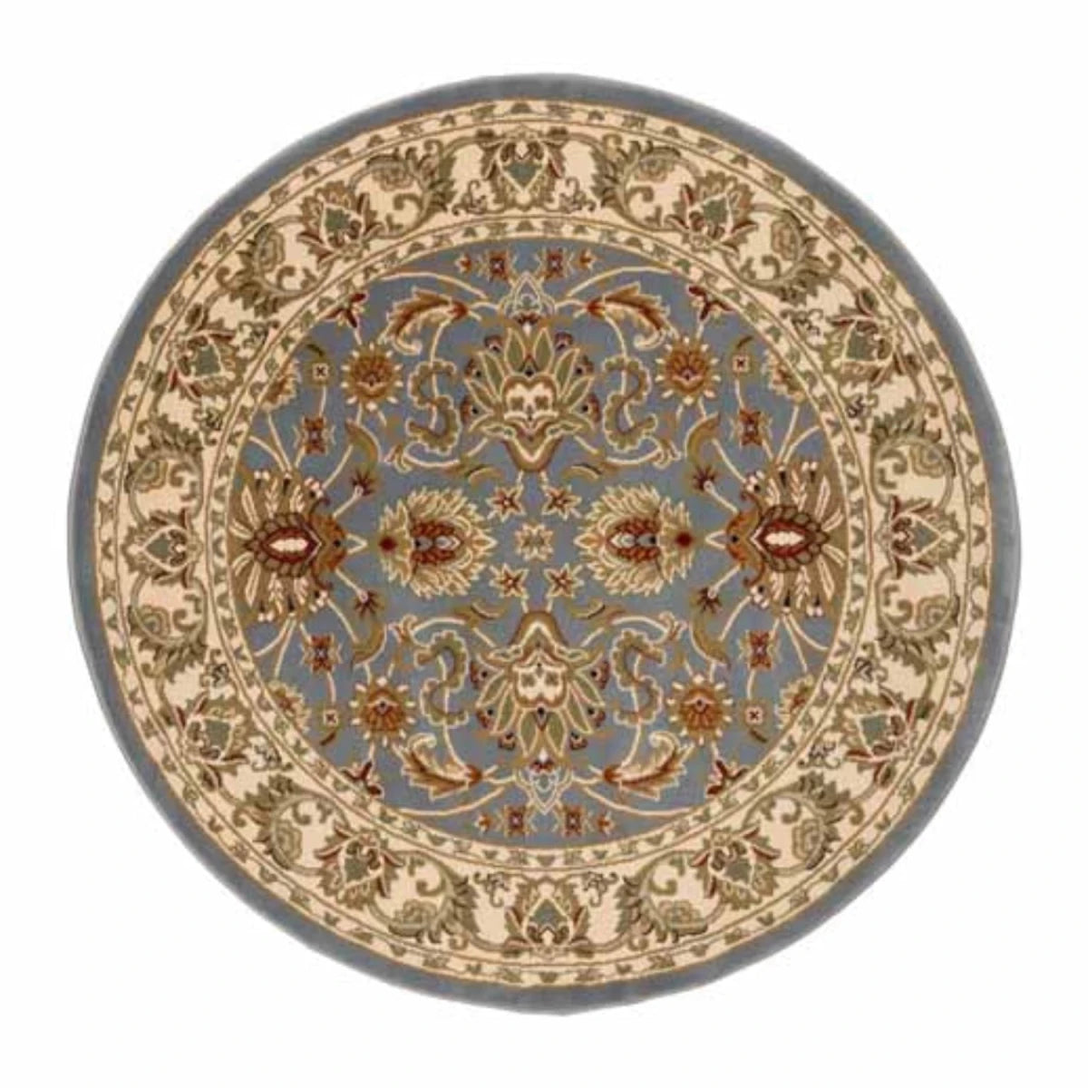 Antique blue round rug with intricate design and durable texture.