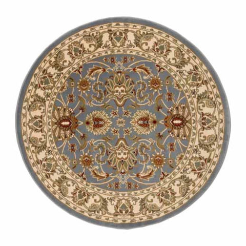 Antique blue round rug with intricate design and durable texture.