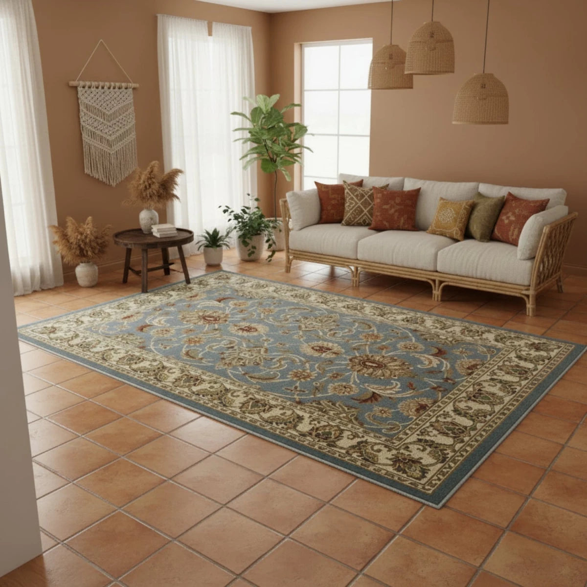 Kellan antique blue rug with traditional intricate pattern.