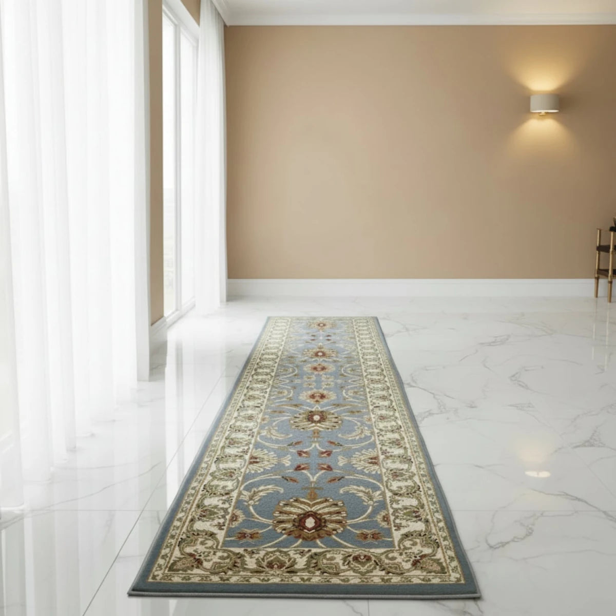 Elegant blue runner rug with detailed woven finish.