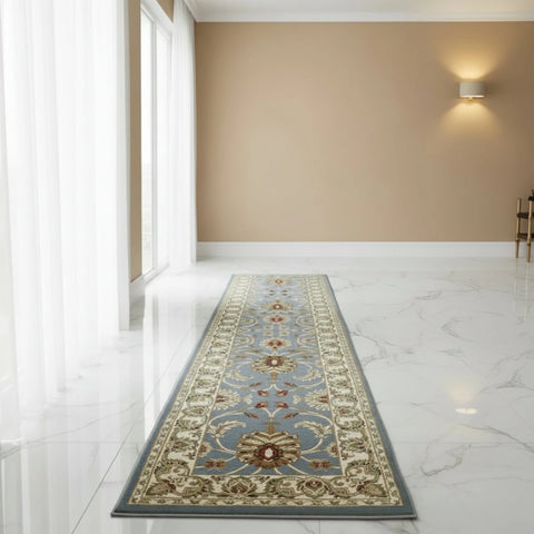 Elegant blue runner rug with detailed woven finish.