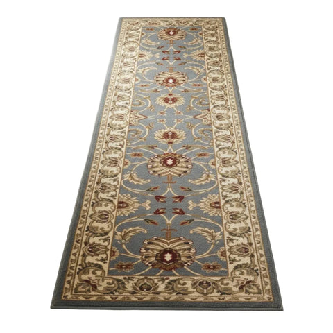 Elegant blue runner rug with detailed woven finish.