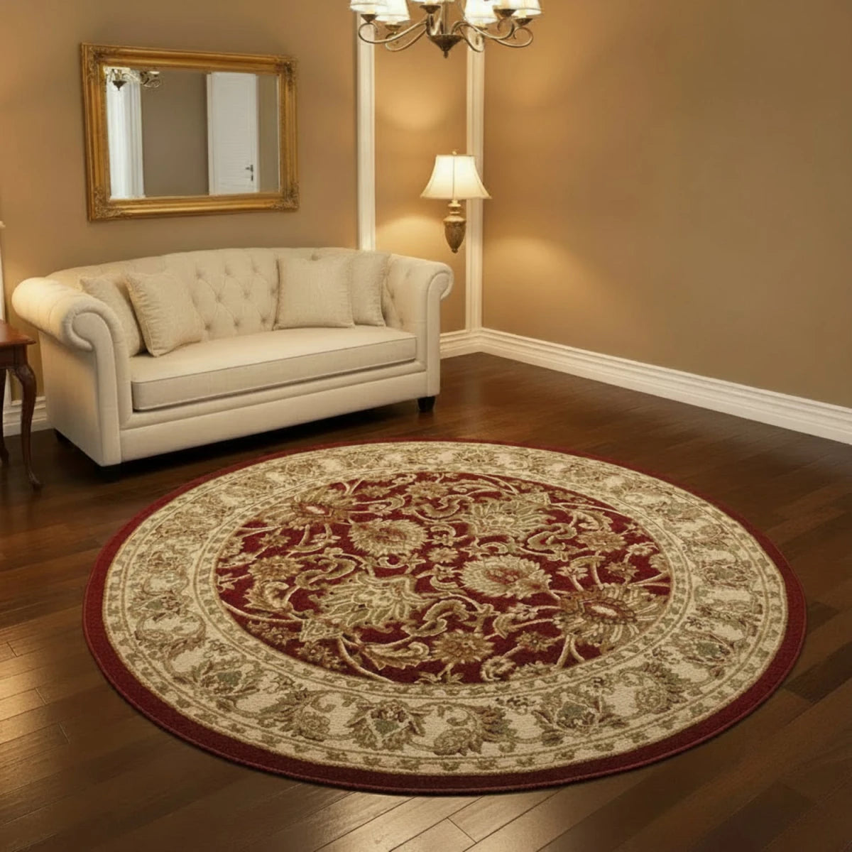 Vintage inspired round rug with bold red pattern.