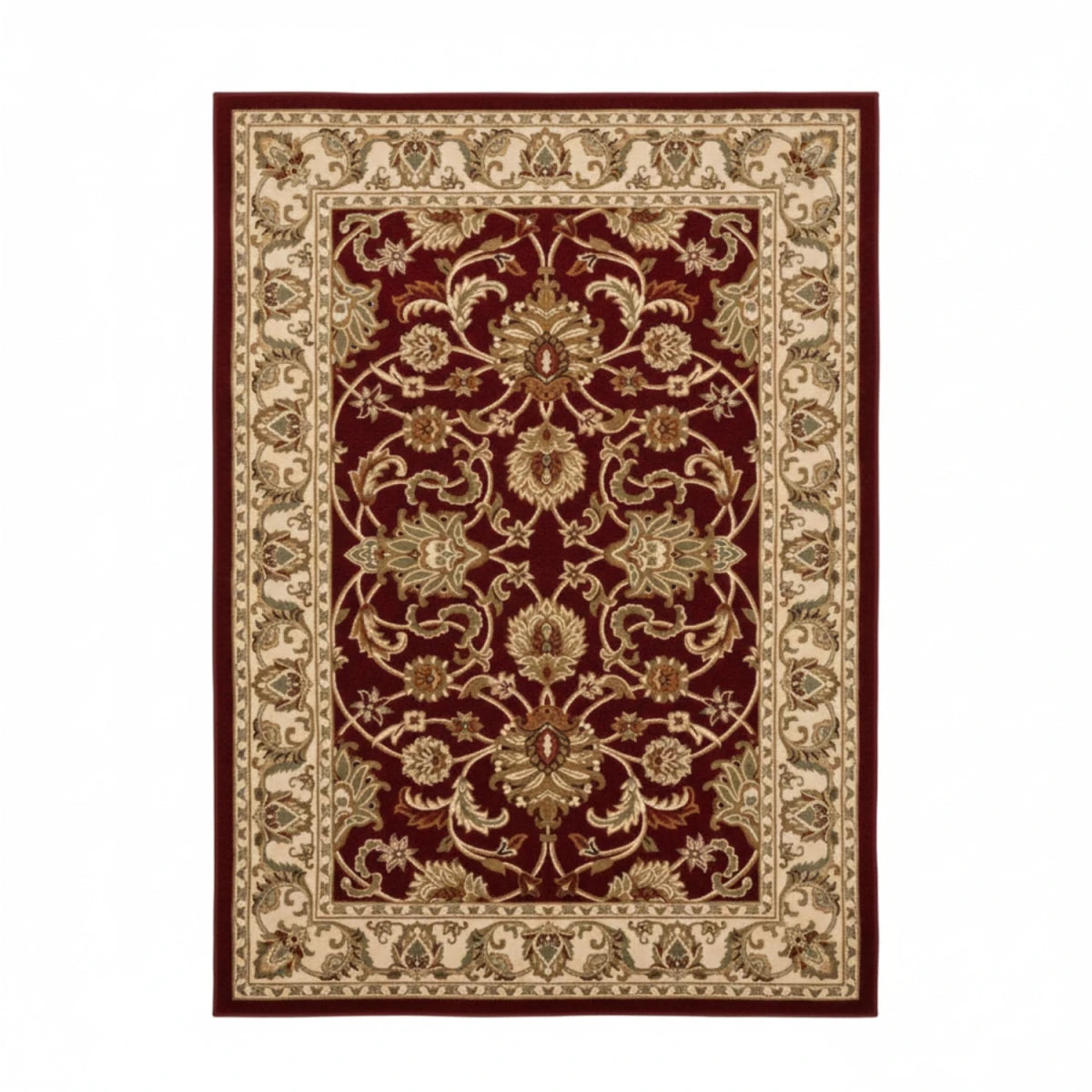 Vintage inspired rug with bold red pattern.