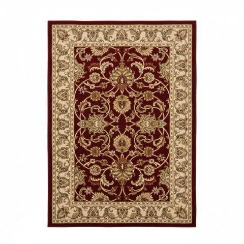 Vintage inspired rug with bold red pattern.