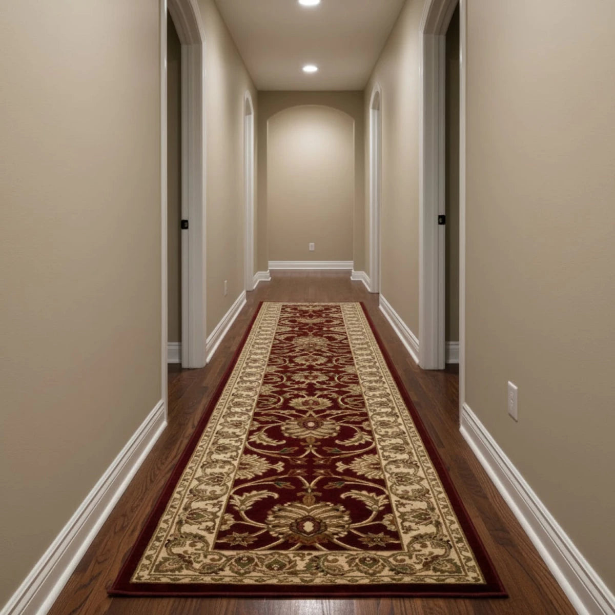 Traditional runner design with intricate antique red pattern.