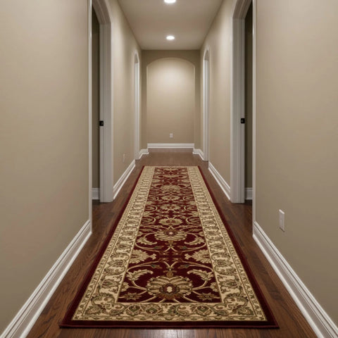Traditional runner design with intricate antique red pattern.