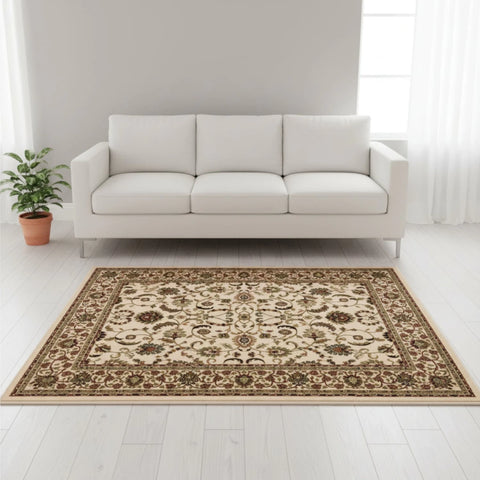 Floral cream rug with intricate traditional pattern.