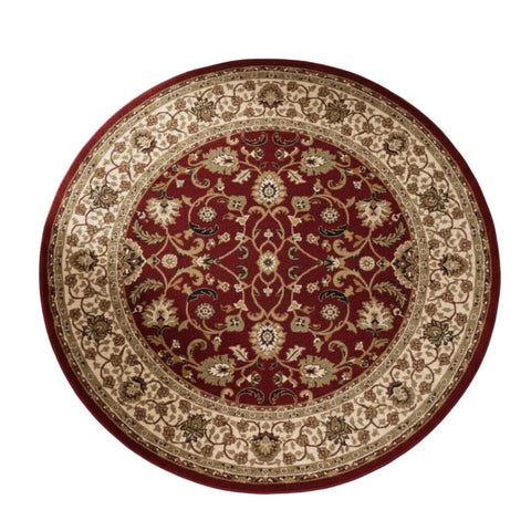 Elegant round rug design with detailed floral motifs in red tones.