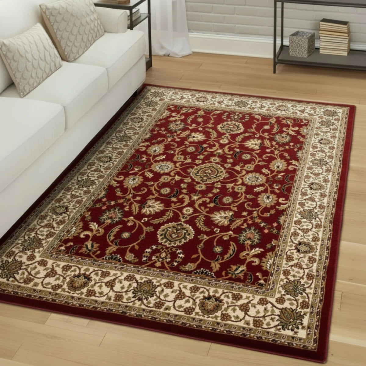 Elegant rug design with detailed floral motifs in red tones.