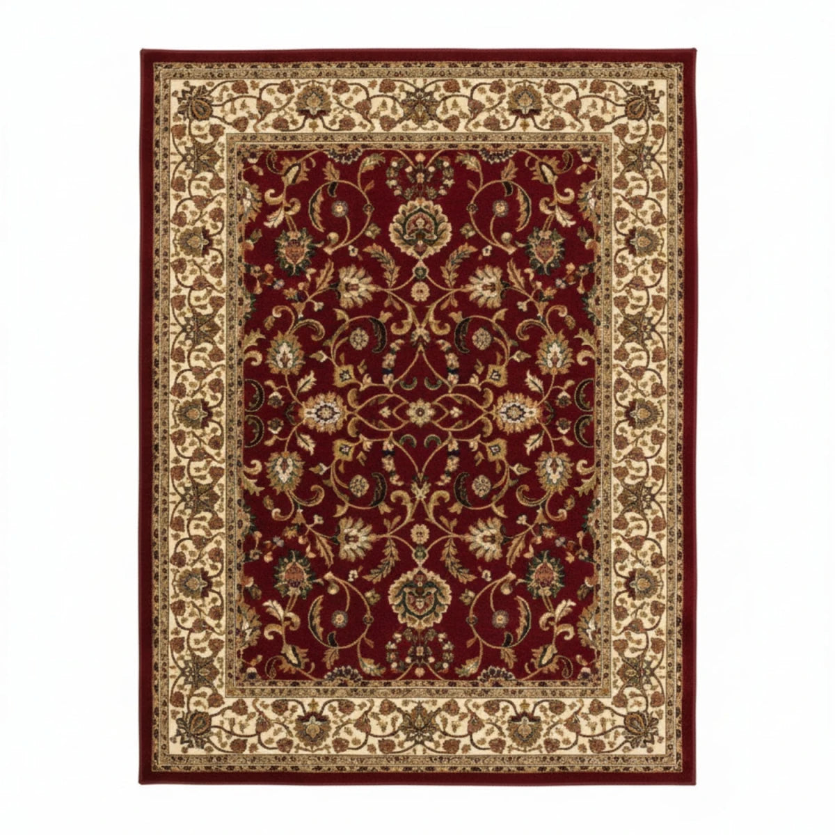 Classic floral rug with rich red colour and pattern.