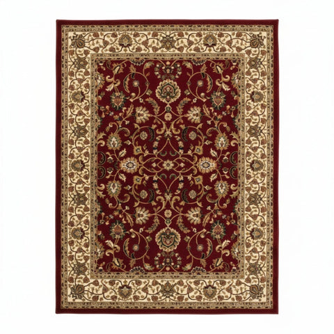 Classic floral rug with rich red colour and pattern.