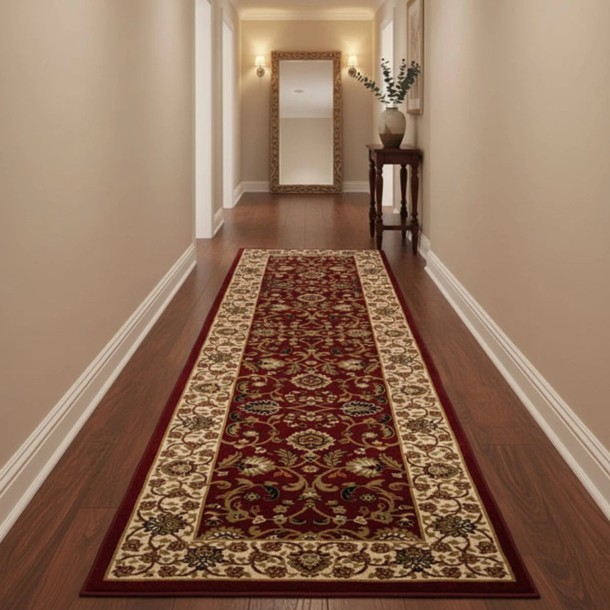 Elegant runner design with detailed floral motifs in red tones.