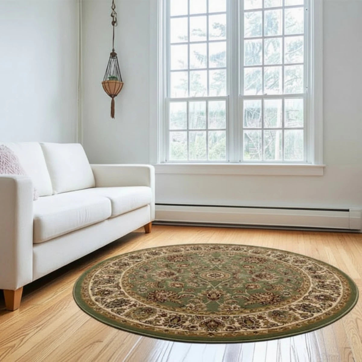 Elegant green round rug with detailed classic design.
