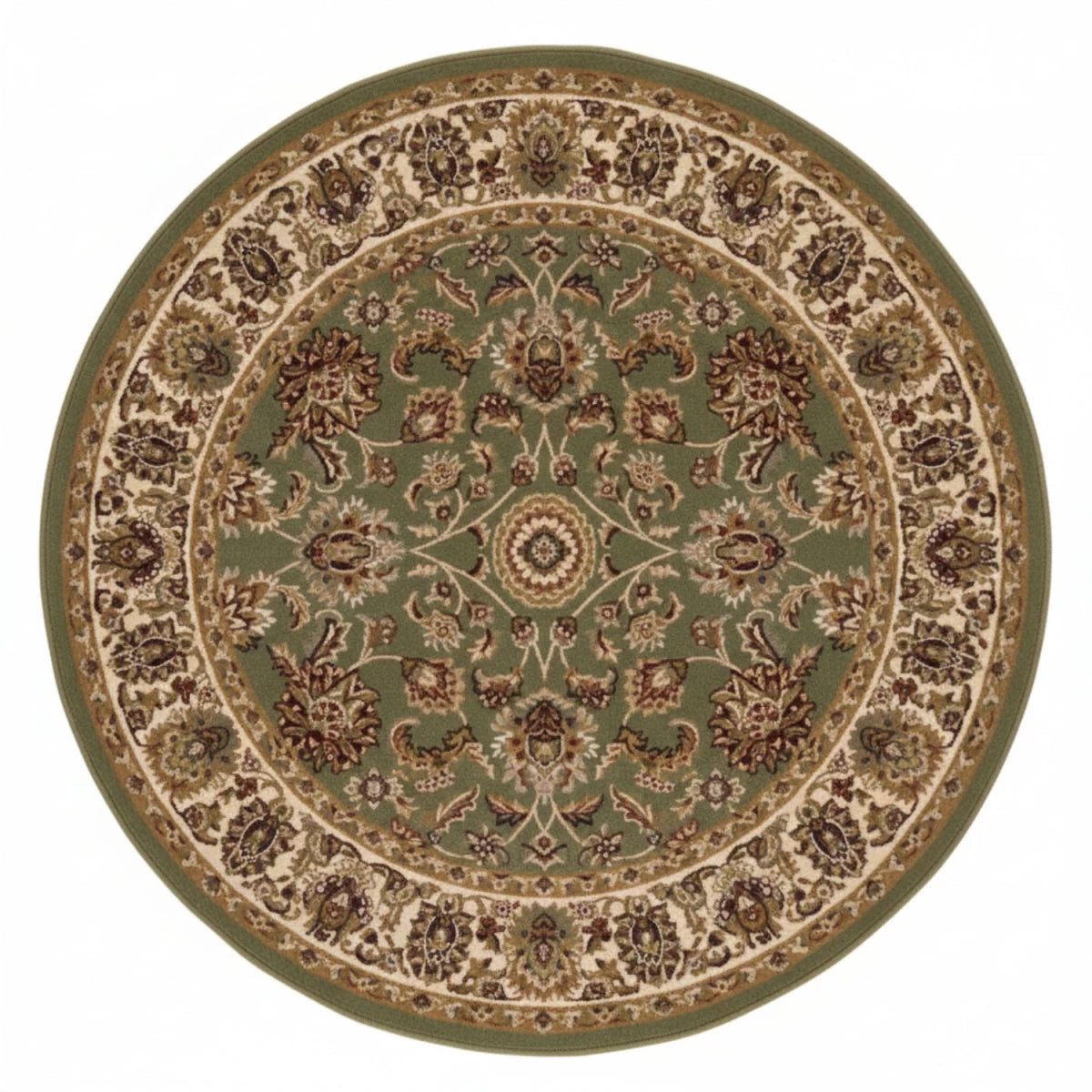 Traditional patterned  round rug inspired by Persian styles.