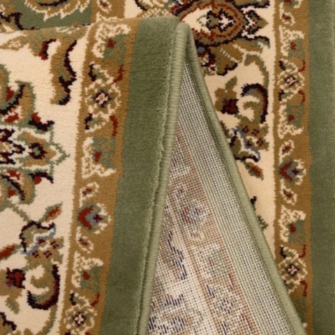 Elegant green round rug with detailed classic design.