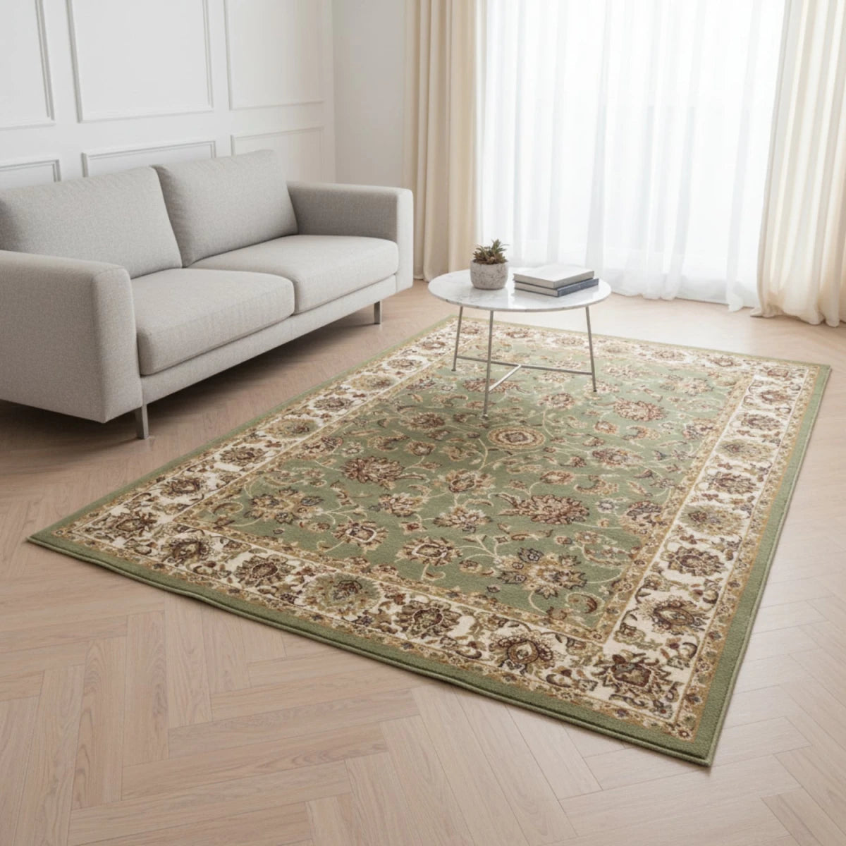 Keshan green rug with intricate traditional Persian pattern.