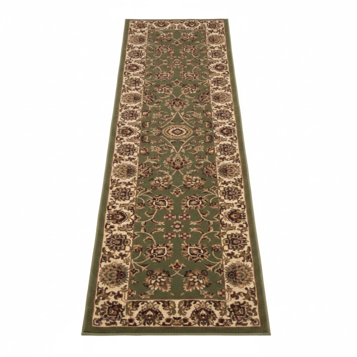 Timeless runner design with rich green tones.