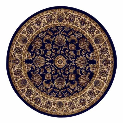 Elegant round rug with detailed woven motifs.
