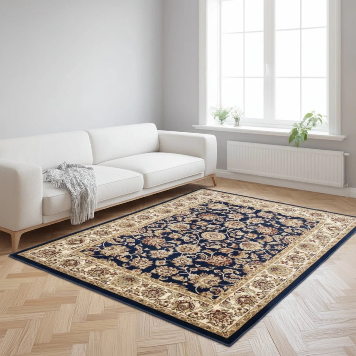 Keshan navy rug with intricate traditional Persian pattern.