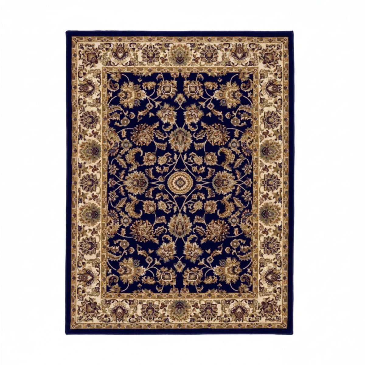 Timeless rug design with deep navy tones.