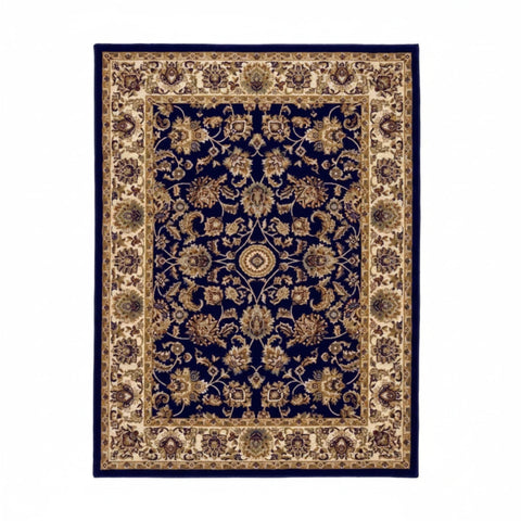 Timeless rug design with deep navy tones.