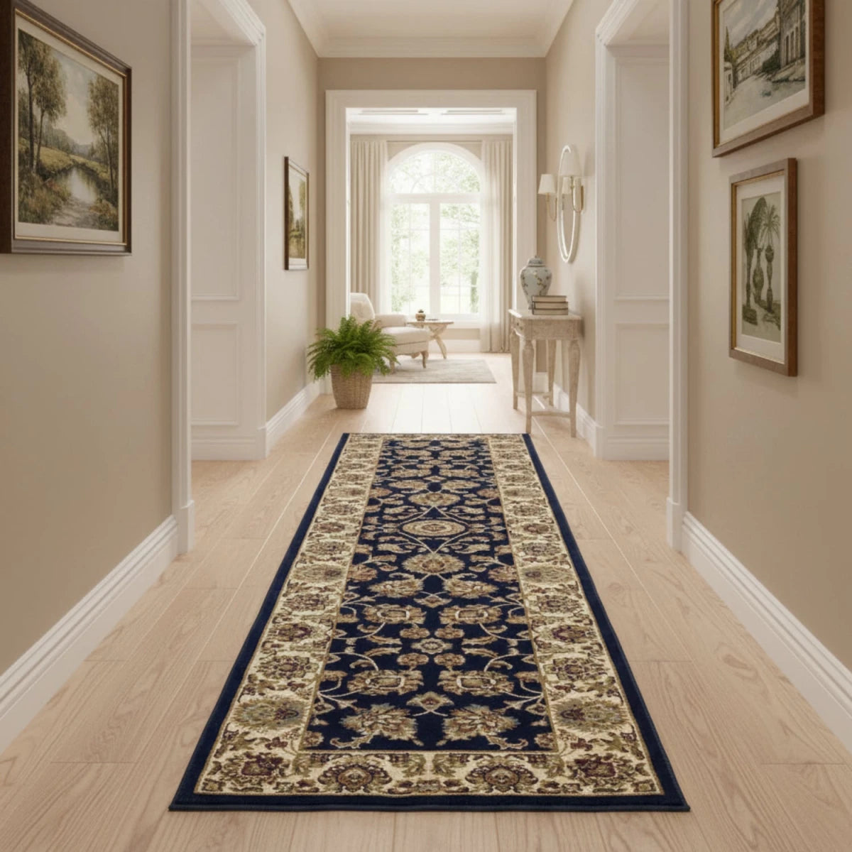 Elegant runner rug with detailed woven motifs.