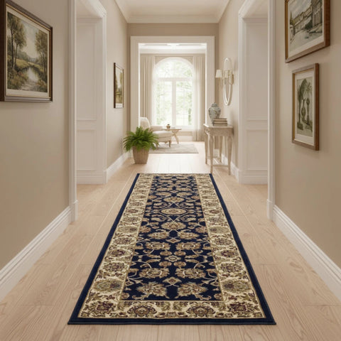 Elegant runner rug with detailed woven motifs.