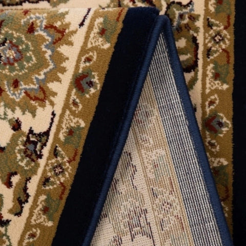 Navy hallway runner with intricate classic design.