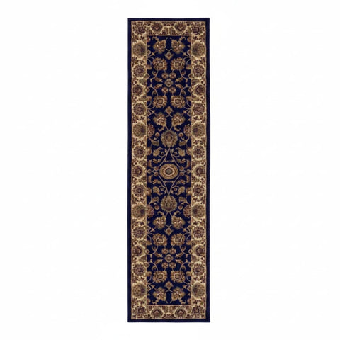 Soft navy runner rug for corridors and entrances.