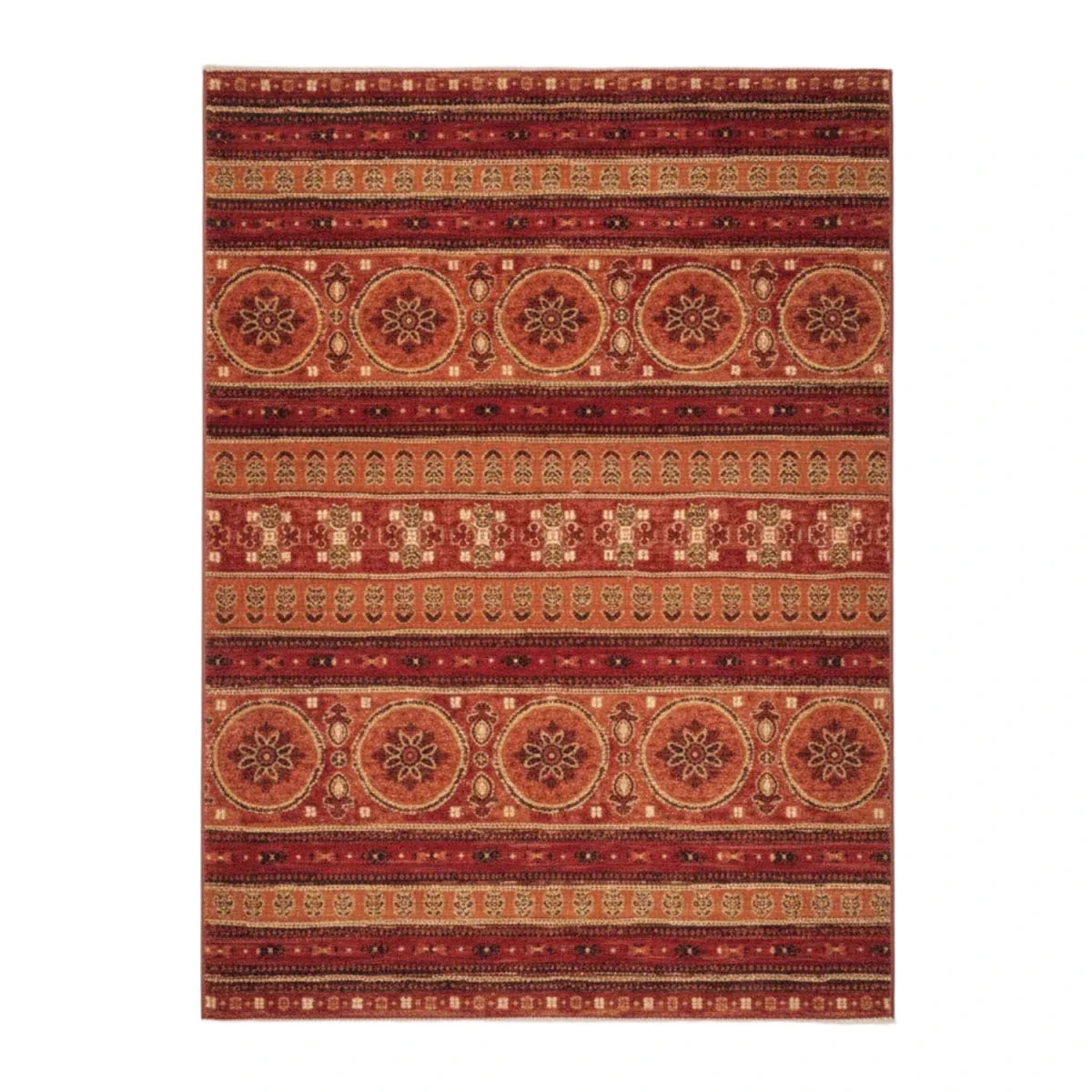 Terracotta rug with traditional tribal design.