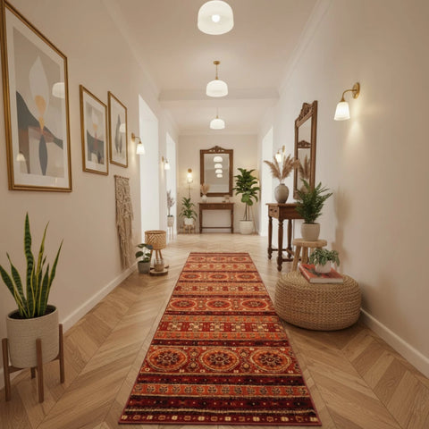 Tribal terracotta runner with bold geometric pattern.