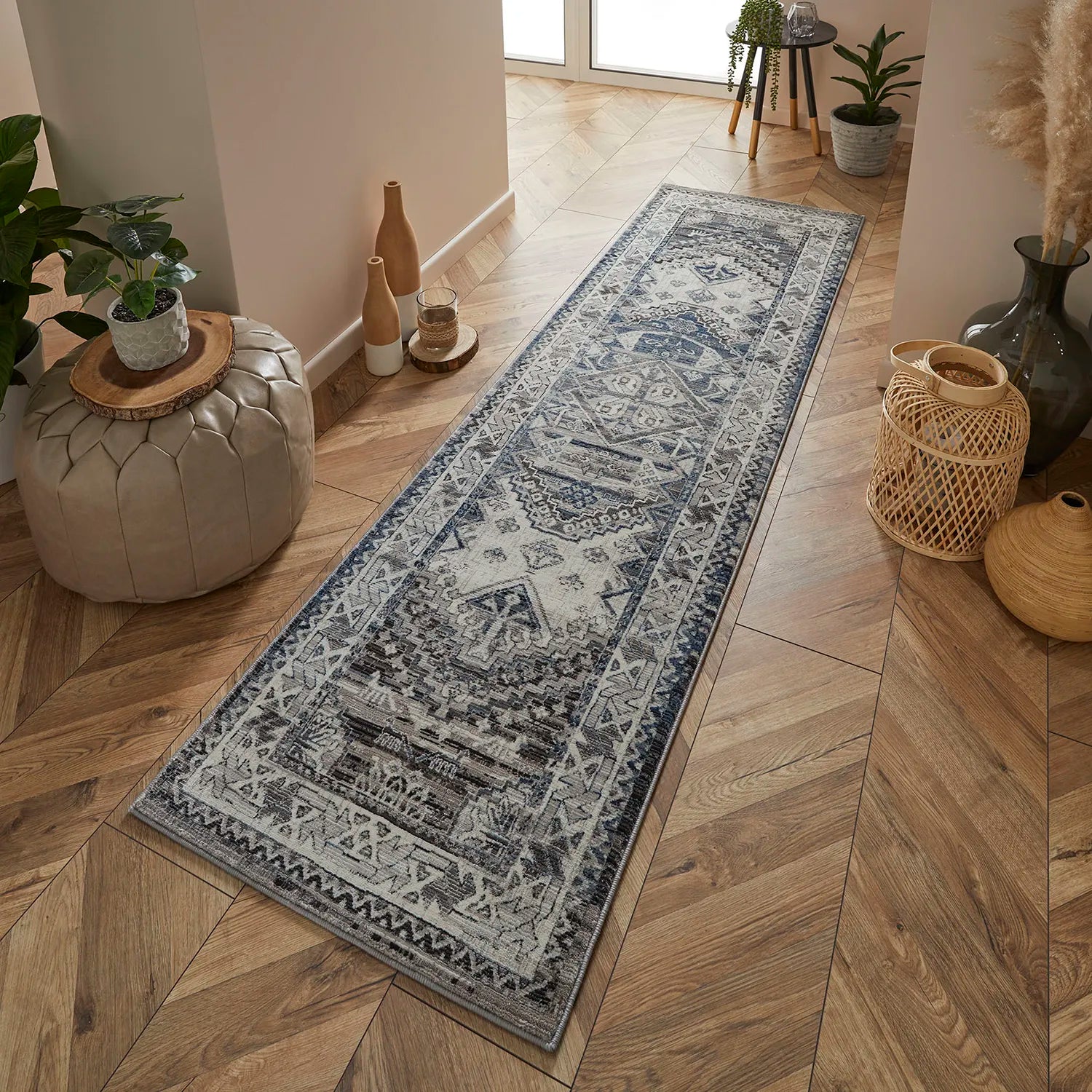 Kendra 2603H Grey and Blue Traditional Runner Rug - Styled in a hallway