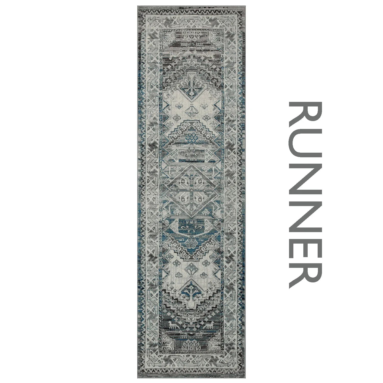 Kendra 2603H Grey and Blue Traditional Runner Rug