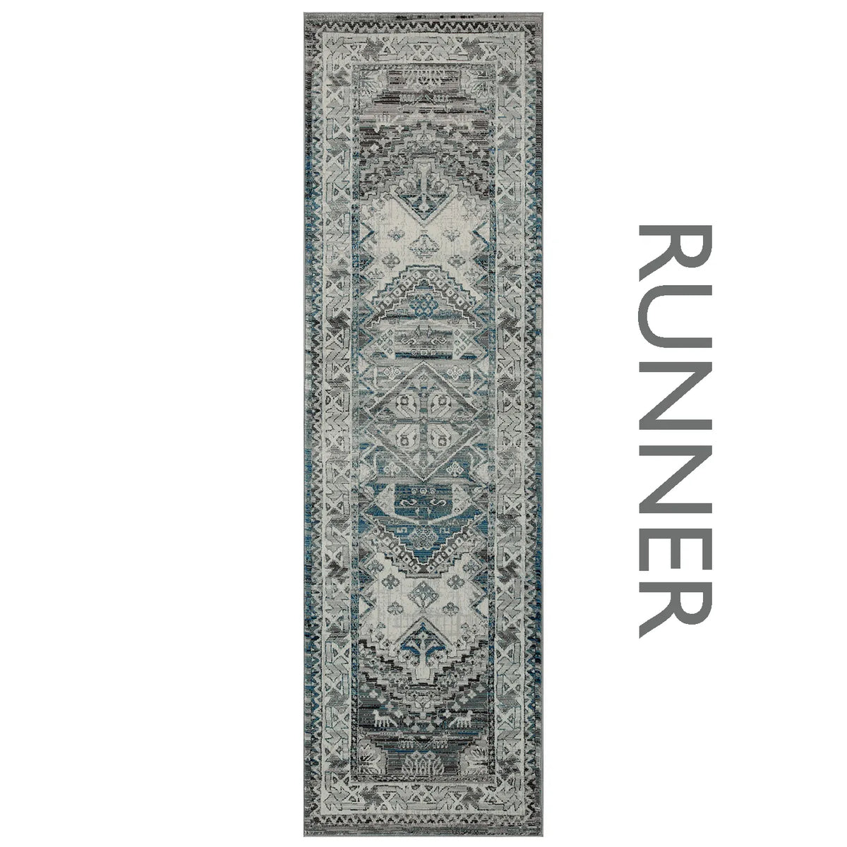 Kendra 2603H Grey and Blue Traditional Runner Rug