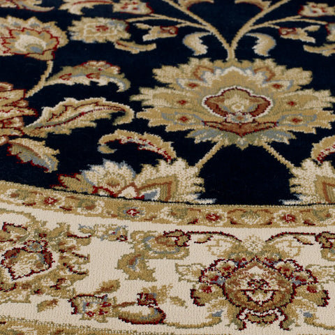 Close up of Kendra 3330B Navy Blue/Cream Round Traditional Rug