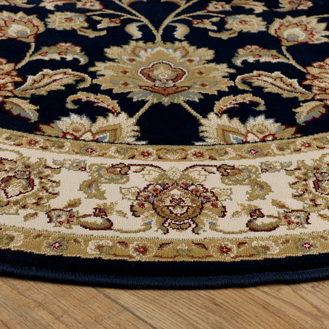 Decorative round rug with intricate patterns on a wooden floor
