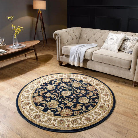 Styled in a room Kendra 3330B Navy Blue/Cream Round Traditional Rug