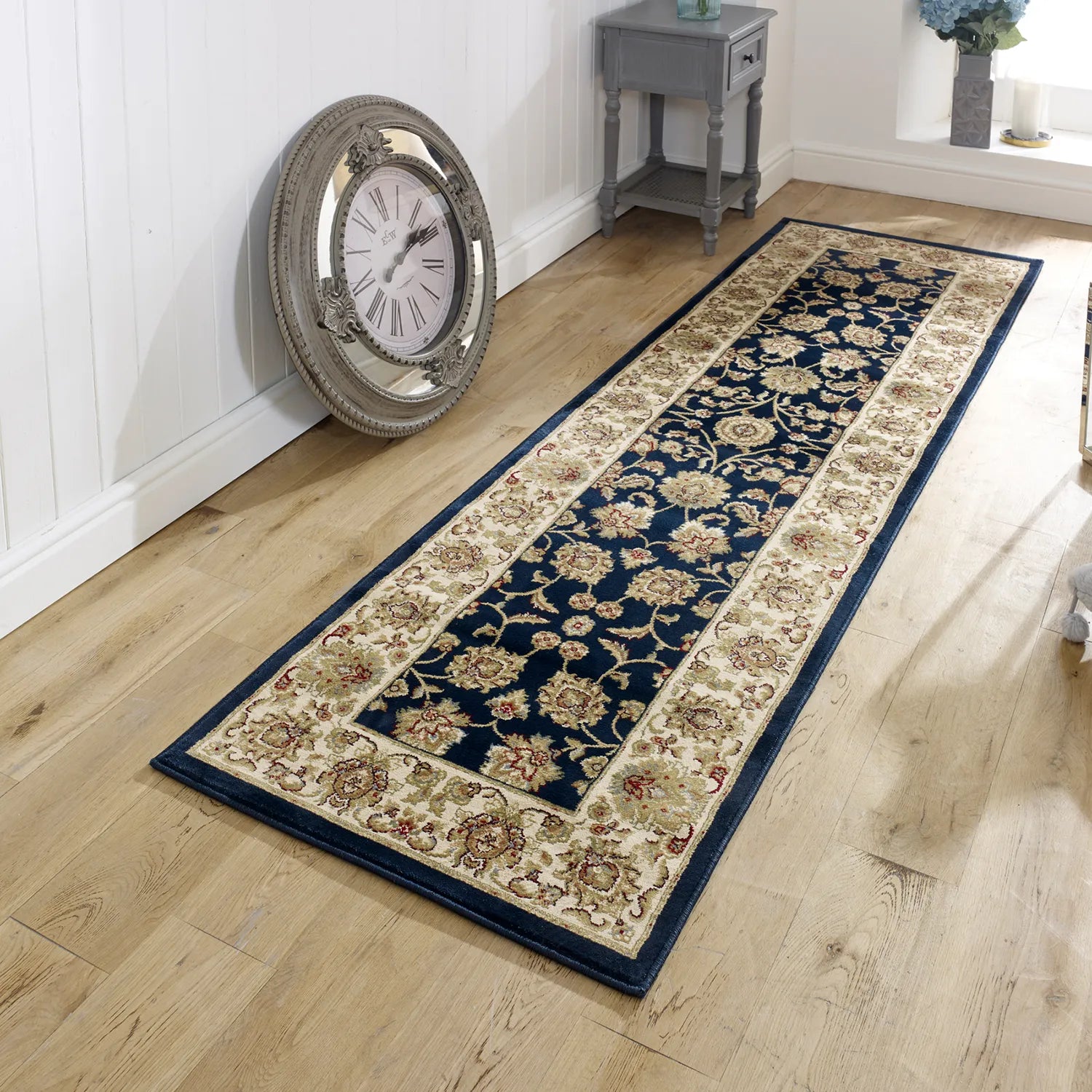 Kendra 3330B Navy Blue/Cream Traditional Runner Rug - Lifestyle