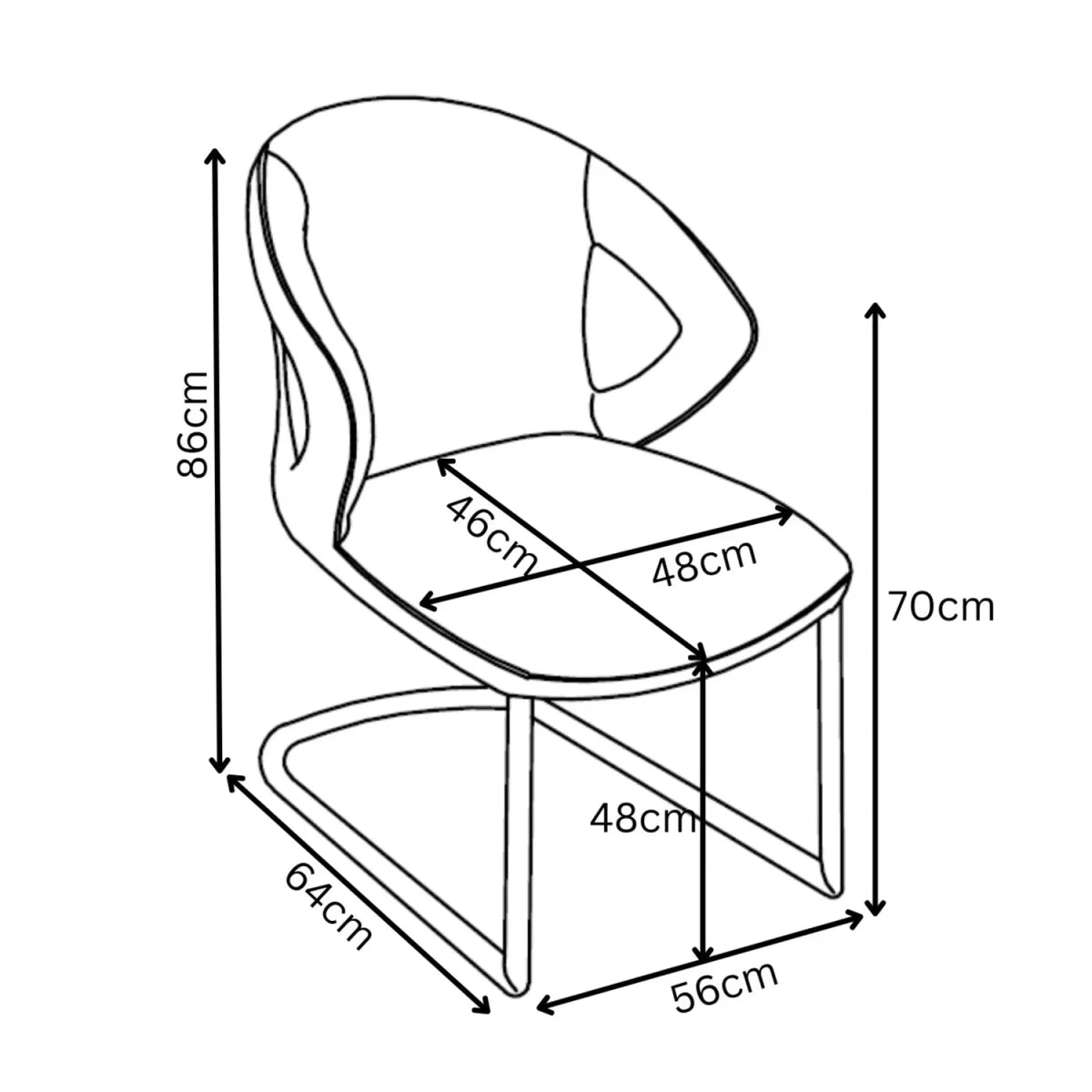 Black and white line drawing of a Kenchair with dimension arrows and measurements including 86cm, 70cm, 46cm, 48cm, 64cm, and 56cm.