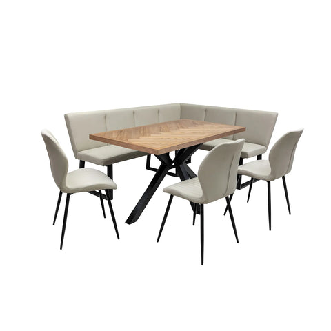 Knutsford Ash Veneer Dining Table with Westley Corner Bench and Manuelle Chairs - Pendle Village Furniture