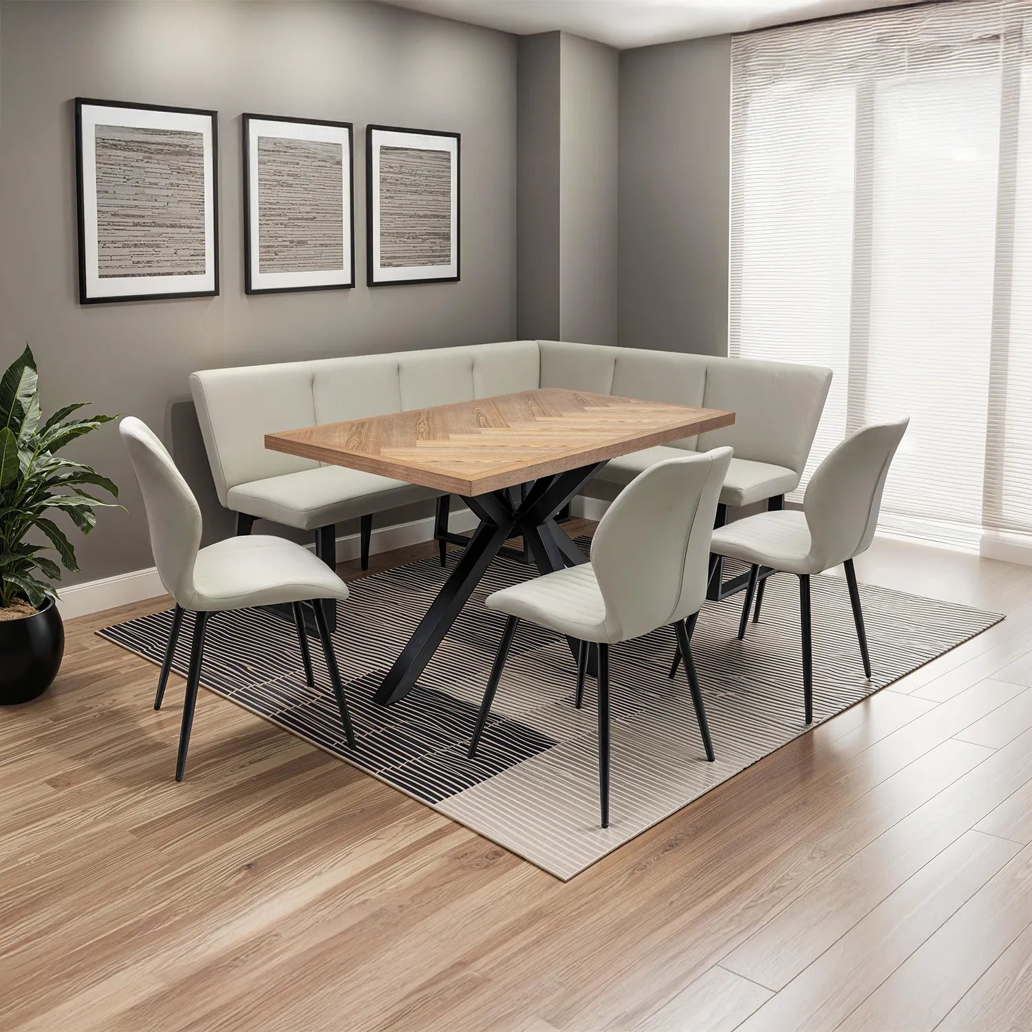 Knutsford Ash Veneer Dining Table with Westley Corner Bench and Manuelle Chairs - Pendle Village Furniture