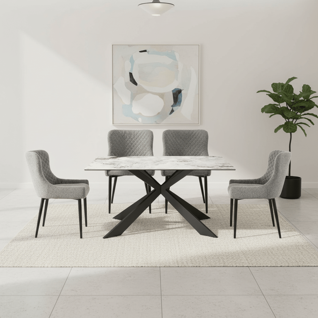 Cosmic Dining Table with 4 Grey Boucle Dining Chairs Dining Set