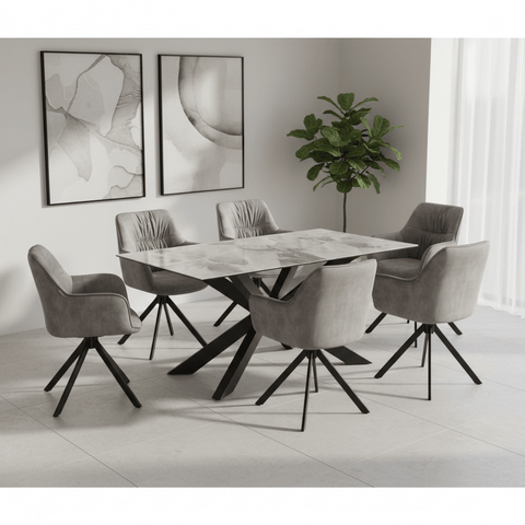 Athena 135cm Light Grey Ceramic Table with Marvel Silver Grey Chairs Dining Set