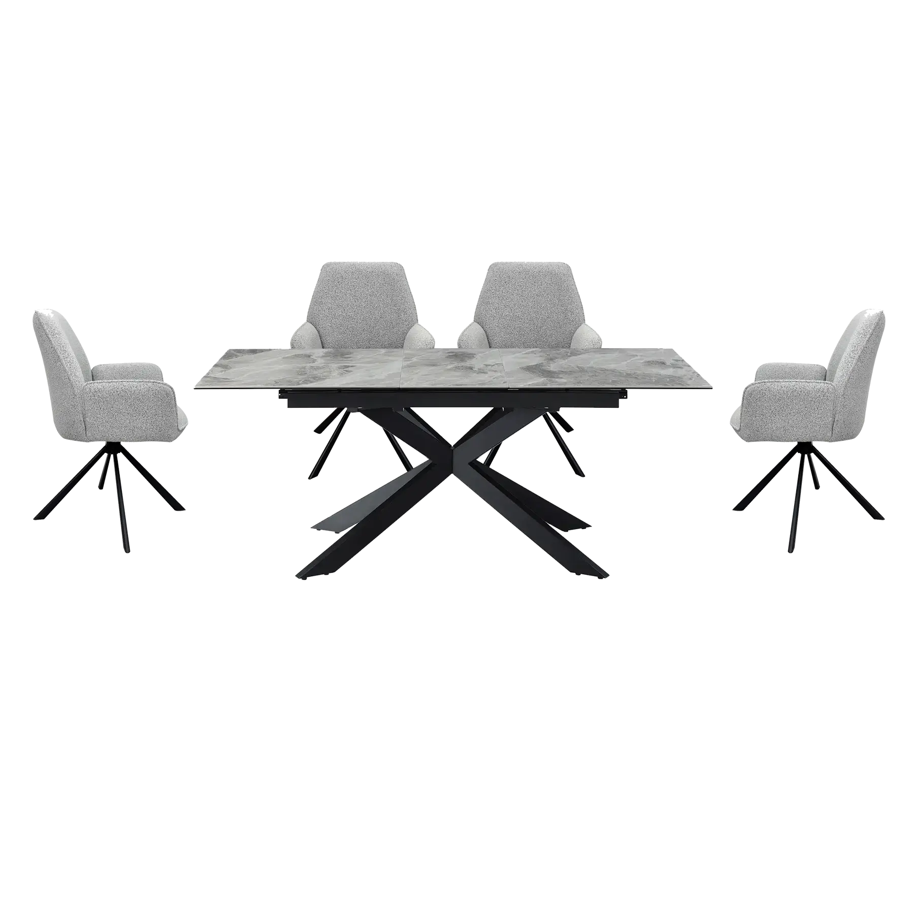 Kos Light Grey Ceramic Extendable Table with Grey Boucle Swivel Chairs - Main Image 