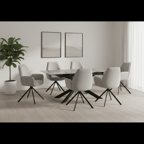 Athena Light Grey Ceramic Extendable Table with Grey Boucle Swivel Chairs